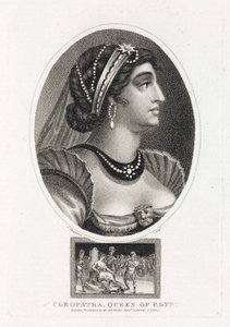Portret van Cleopatra (Thea Philopator, 69-30 v.Chr.), met een scène die haar troonsbestijging in Egypte beschrijft, omringd door Romeinse legionairs door Unbekannt