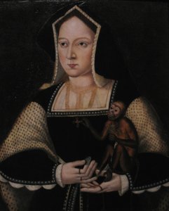 Portret van Catherine van Aragon, met haar aapje, kopie naar Lucas Horenbout, ca. 1530