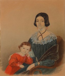Portret van Maria Prokhorovna Krivtsova met zoon Alexander, 1841