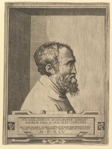 Portret van Michelangelo in profiel naar rechts binnen een nis