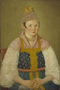 Portret van een koopvrouw in Kokoshnik Kabluchok