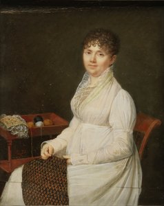 Portret van een vrouw met wandtapijtwerk