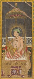 Postuum portret van keizer Jahangir onder een baldakijn recto, kalligrafie verso, ca. 1650 door Unbekannt