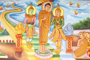 Preah Prom Rath Klooster, Leven van de Boeddha, Boeddha bezoekt de hemel en ontmoet de goden Indra en Brahma, Siem Reap, Cambodja