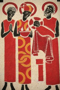 Presentatie van Jezus in de tempel. De fresco in de Keur Moussa abdijkerk werd ontworpen en geschilderd in 1963 door Dom Georges Saget, Keur Moussa, Senegal