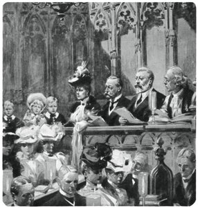 Prins Albert bij de dankdienst in de abdij voor de veilige terugkeer van zijn ouders uit India, 1906 1937 door Unbekannt