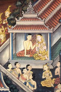 Prins Rama en Sita. Muurschildering detail op de binnenmuren van de Vihara uit het tijdperk van koning Rama III die de Ramakian uitbeeldt. Wat Pho - Wat Phra Chettuphon. 1788, Bangkok, Thailand