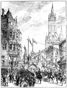 Processie die het Stadhuis nadert, Manchester, 1887