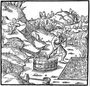 Zout produceren door natuurlijke pekel te verdampen door het in een kuil met brandende houtskool te gieten, 1556 door Unbekannt