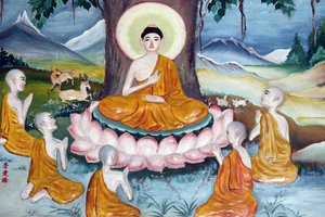 Quan The Am Bo Tat tempel (Pagode van Avalokitesvara Bodhisattva). Shakyamuni Boeddha predikt de leer - het wiel van de wet - aan zijn vijf discipelen. Vung Tau. Vietnam