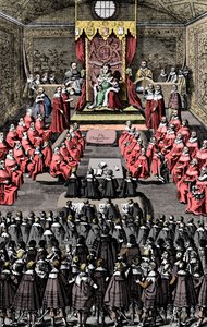 Koningin Elizabeth I in het Parlement, 16e eeuw, ca. 1902-1905 door Unbekannt