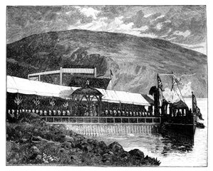 Koningin Victoria opent de waterwerken van Glasgow bij Loch Katrine, Schotland
