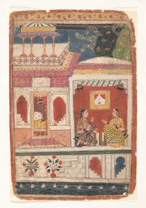 Radha en haar vertrouweling zitten in een open kamer: Blad uit een verspreide Rasikapriya, ca. 1680-90 door Unbekannt
