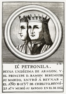 Raimond Berenger IV van Barcelona en Petronilla Koningin van Aragon, gravure.