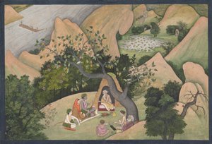 Rama, Sita en Lakshmana bij de Hermitage van Bharadvaja: Geïllustreerd folio van...