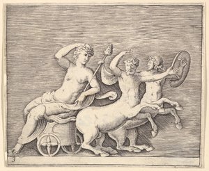 Liggende Vrouwelijke Figuur op een Wagen getrokken door Twee Centauren, gepubliceerd ca. 1599-1622 door Unbekannt