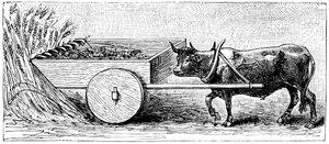 Reconstructie van maaimachine gebruikt in Gallië in de Oud-Romeinse tijd, zoals beschreven door Plinius, ca. 1890 door Unbekannt