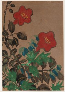 Rode en blauwe bloemen en loof door Unbekannt