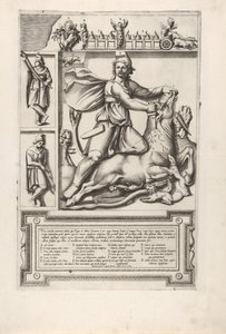 Reliëf met Mithras knielend op een stier en een zwaard in zijn schouder drijvend, links tw... door Unbekannt