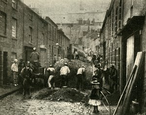 Verwijderen van puin gebracht door een overstroming in St. Ives, 1901
