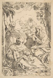 Rust in Egypte, Heilige Familie zittend terwijl een engel aan boomtakken trekt, ca. 1637-1639 of later door Unbekannt