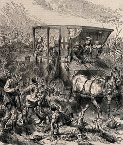Het redden van gewonde Russische soldaten van het slagveld, ca 1878 door Unbekannt