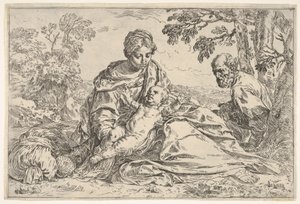 Rust tijdens de vlucht naar Egypte, Maria met het kind Jezus en Sint Jozef, ca. 1640 of later door Unbekannt