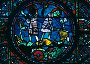 Roland breekt zijn zwaard en blaast op zijn hoorn, glas-in-lood, kathedraal van Chartres, Frankrijk, 1194-1260 door Unbekannt