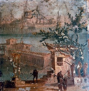 Romeinse muurschildering van idyllisch landschap, Pompeii, 1e eeuw