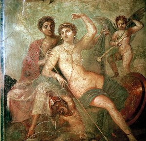Romeinse muurschildering van Cupido, Venus en Mars, Pompeii, Italië