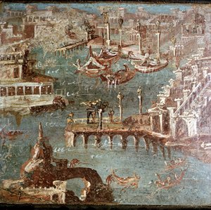 Romeinse muurschildering van een havenscène, Stabiae, nabij Pompeii, Italië