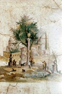 Romeinse muurschildering van een mythisch landschap, Villa van Agrippa Posthumus, nabij Pompeii, Italië