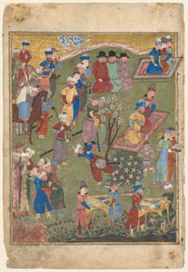 Koninklijk feest in een tuin recto van de dubbelpagina frontispice van een Shahnama..., 1444