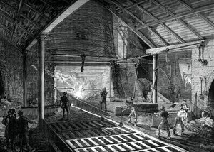 Het gesmolten ijzer in de varkens gieten, ca. 1880 door Unbekannt