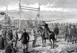 Russische veroordeelden onder militaire escorte wachtend om de rivier Yenisei over te steken, Siberië, 1882