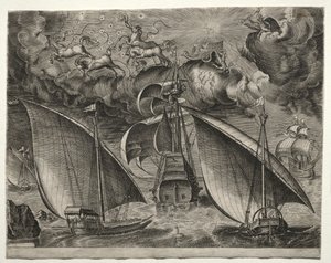 Zeilschepen: Twee galeien zeilen achter een bewapende driemaster met Phaeton..., 1561-65 door Unbekannt