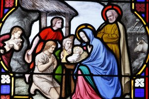 Kathedraal van Saint-Corentin, Quimper glas-in-lood: aanbidding door de herders, Quimper, Frankrijk