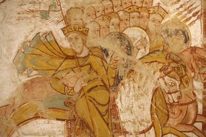 Saint-Savin abdij schilderij: koningen aangevallen door Abraham en zijn volgelingen, Saint-Savin-sur-Gartempe, Frankrijk