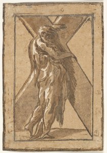 Sint Andreas staand in profiel met een groot kruis, uit een serie van twaalf apostelen, ca. 1540-50 door Unbekannt