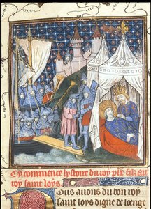 Saint Louis stierf tijdens zijn tweede kruistocht in Tunis Uit de Chroniques de France ou de St Denis, na 1380
