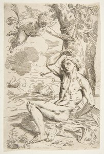 Sint Sebastiaan doorboord met pijlen en vastgebonden aan een boom, kopie naar Cantarini, ca. 1639 of later door Unbekannt