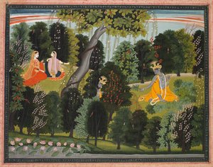 Sakhi Overtuigt Radha om Krishna te Ontmoeten, uit de Lambagraon Gita Govinda..., ca. 1820-1825