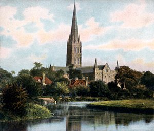 Kathedraal van Salisbury gezien vanaf de rivier de Avon, Salisbury, Wiltshire door Unbekannt