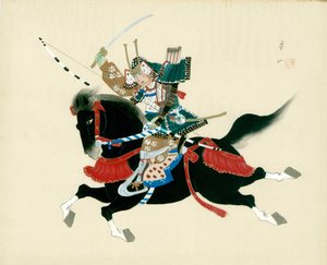Samurai-krijger te paard. Een Japanse schildering op zijde, in traditionele Japanse stijl door Unbekannt