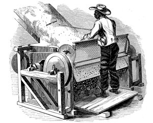 Zaagmachine voor het reinigen van katoen bediend door een blootsvoetse zwarte arbeider, zuidelijke VS, 1865 door Unbekannt