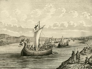 Scandinavische schepen die een rivier opvaren, 1890 door Unbekannt
