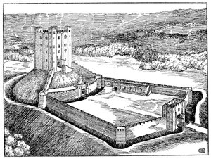 Schema van een Normandisch kasteel gebaseerd op Castle Hedingham, Essex, Engeland