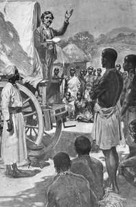 Schotse ontdekkingsreiziger en missionaris David Livingstone die preekt vanuit een wagen, Afrika