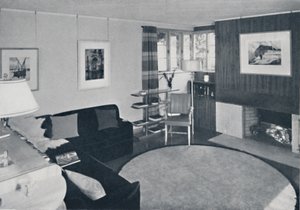 Sewall Smith. Woonkamer in het huis van de architect zelf in Niagara Falls, N.Y., in een turquoise, koraal