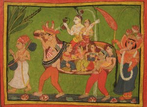 Shiva en Parvati op een samengestelde koe gemaakt van vrouwen door Unbekannt